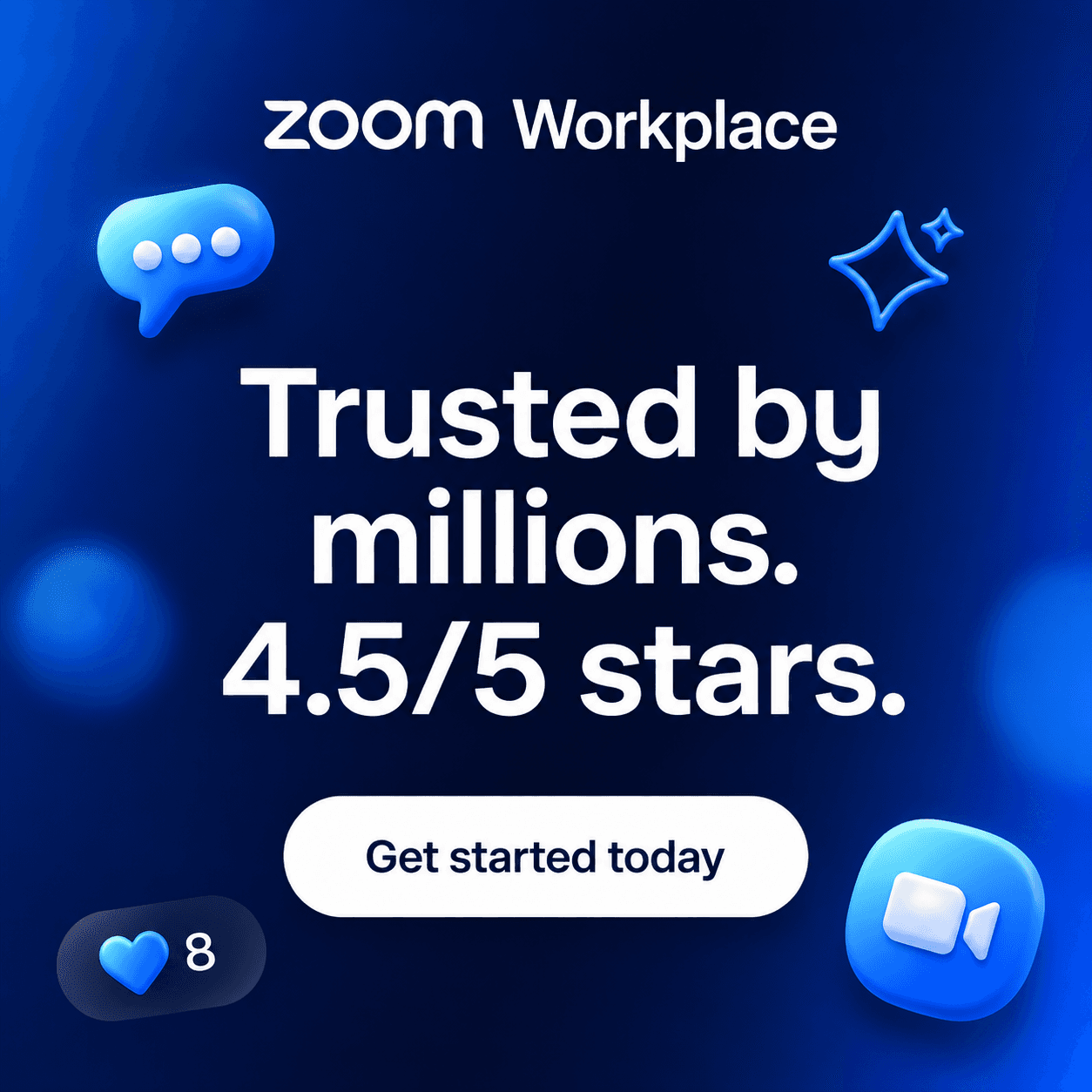 Zoom Workplace ad · “Trusted by millions. 4.5/5 stars.” · generated by BetterYourAds